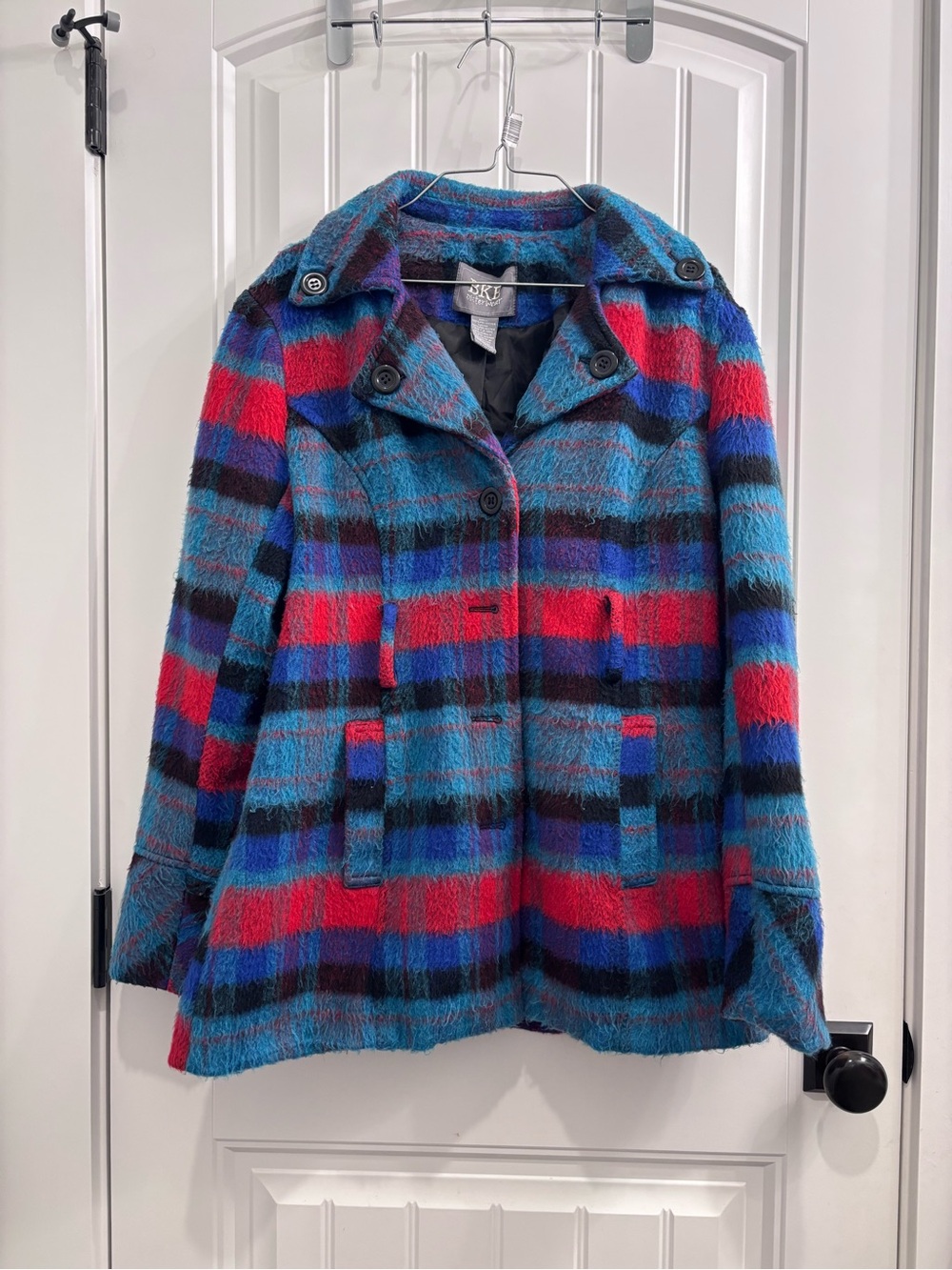 BKE Plaid Peacoat in Teal, Red & Blue